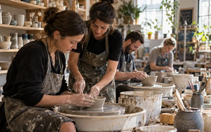 People shaping bowls on pottery wheels in a bright studio